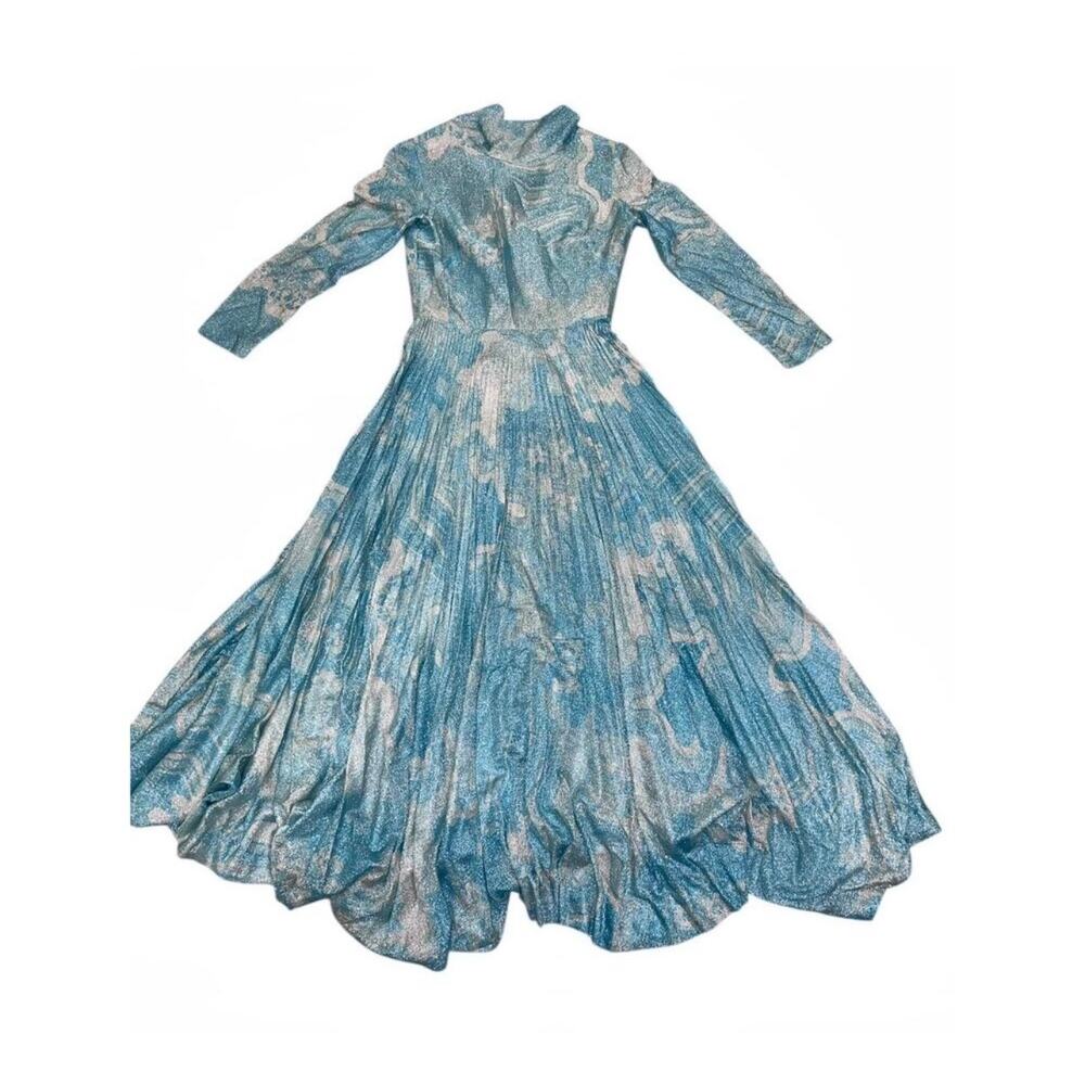 Vintage 1970s Carillon New York Blue Silver Lurex Pleated Maxi Gown - Picture 11 of 16